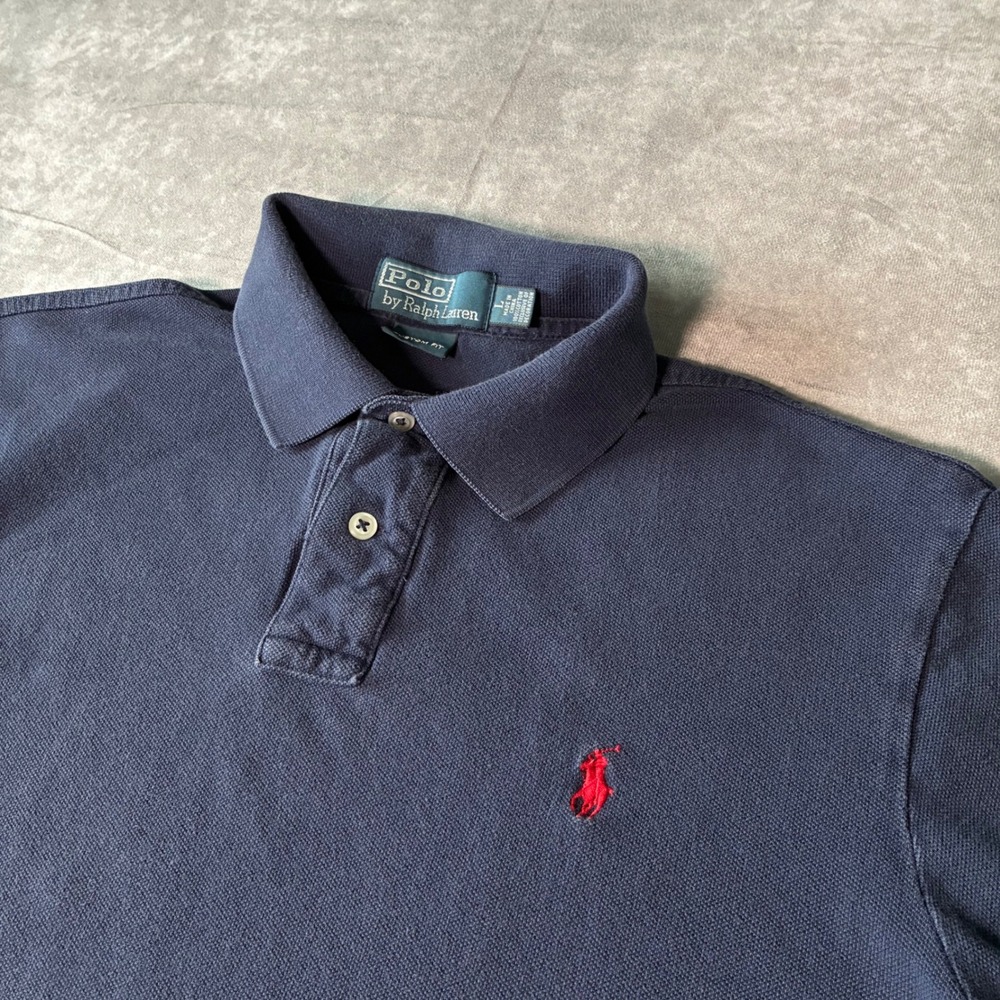 Polo Ralph Lauren Mens Vintage Navy Blue Custom Fit Short Sleeve Polo Shirt L
